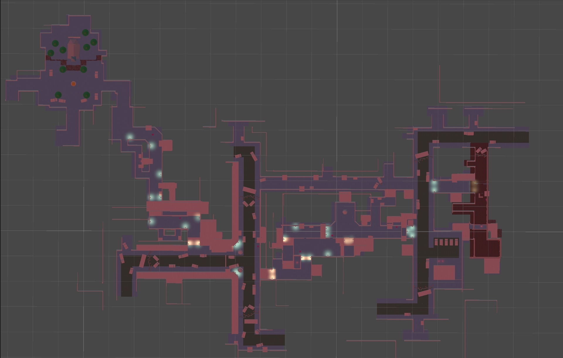 Top-down blockout map of an Exodus level showing the convoy route, connected rooms, and enemy/pickup markers