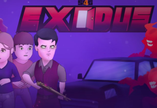 Exodus key art showing a family fleeing towards a car as shadowy creatures close in