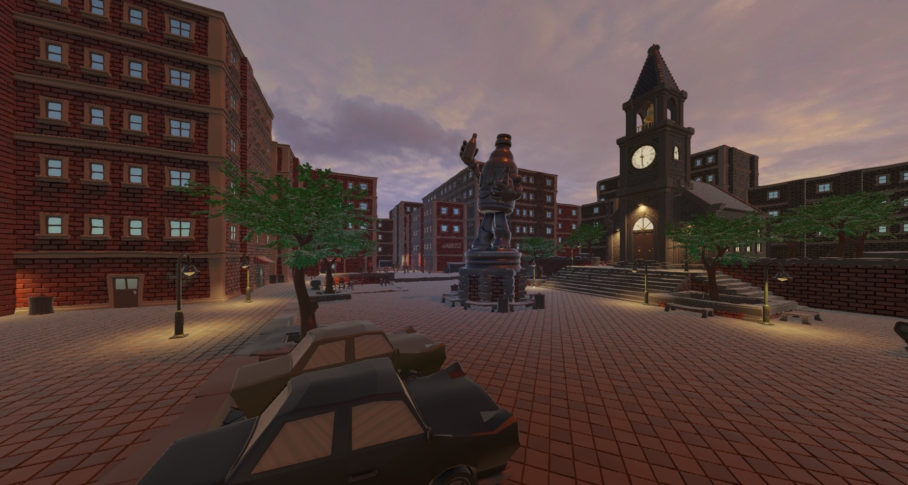 Exodus town square at dusk with a clock tower, statue, and parked cars