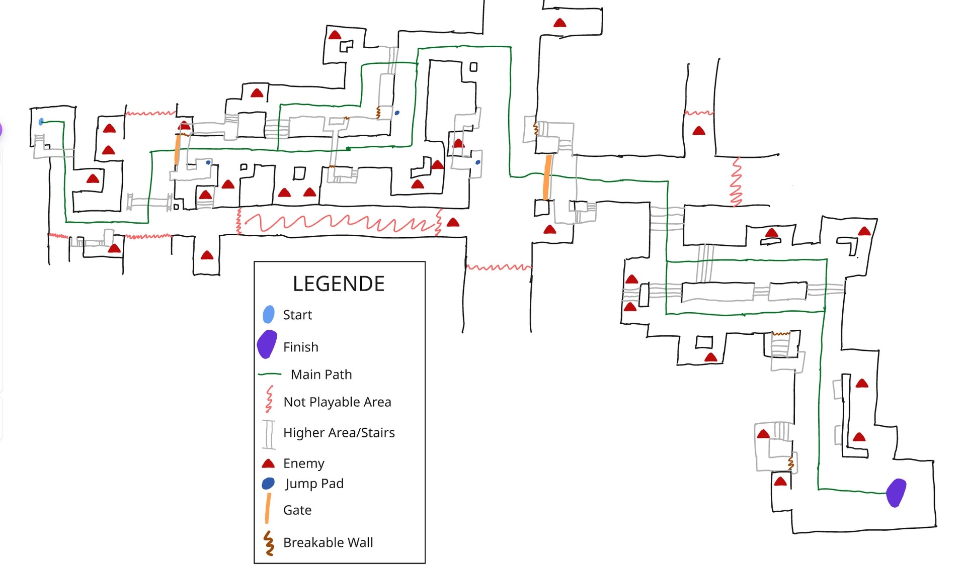 Hand-drawn level layout sketch with a legend marking start, finish, main path, enemies, jump pads, gates, and breakable walls