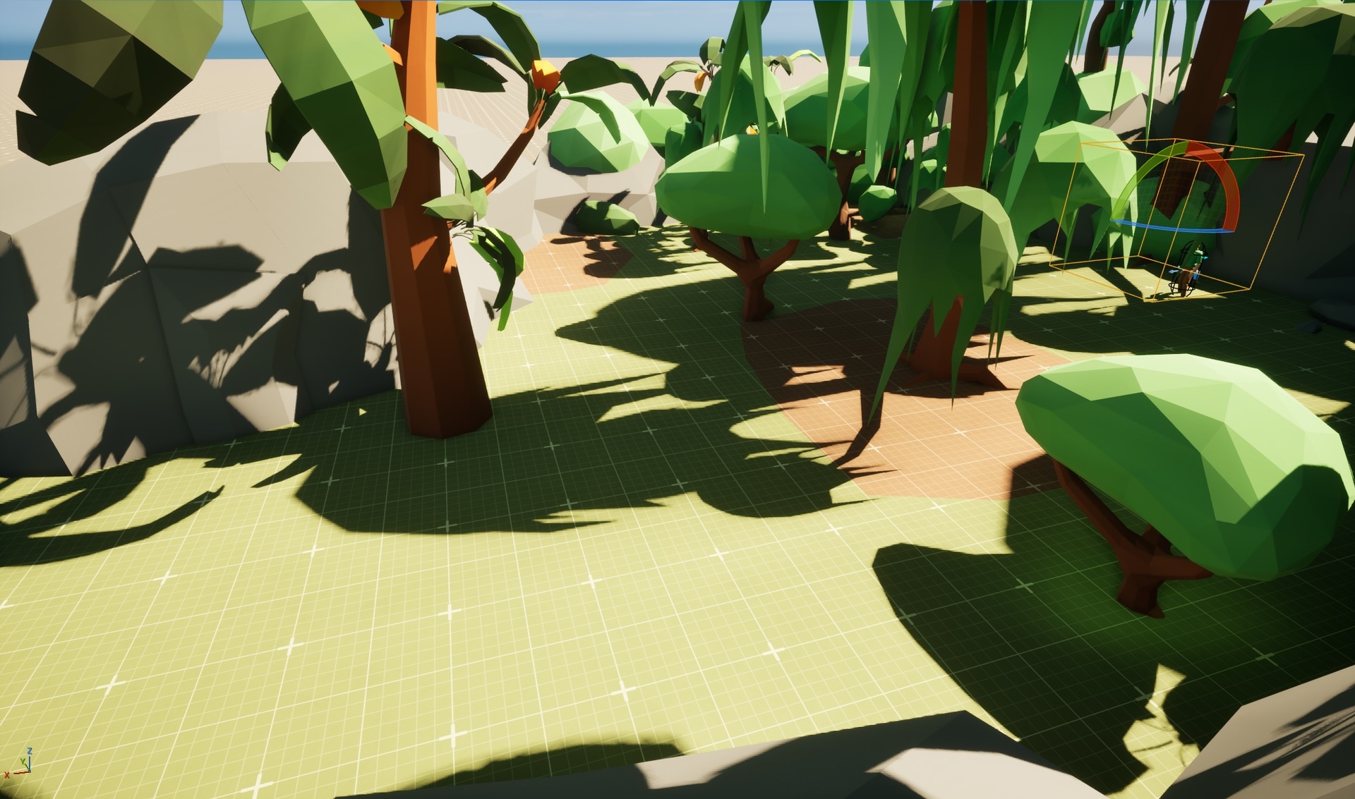 Early blockout of the Jungle Area, with foliage assets already placed over the grey-box layout