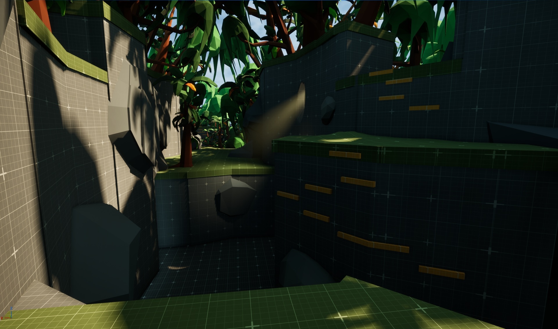 Grey-box Cave Area passage in Path to the Hidden Temple, framed rock walls leading toward a lit jungle opening