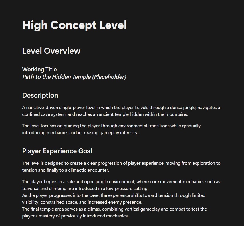 High Concept Level document page covering the level overview, working title, description, and player experience goal
