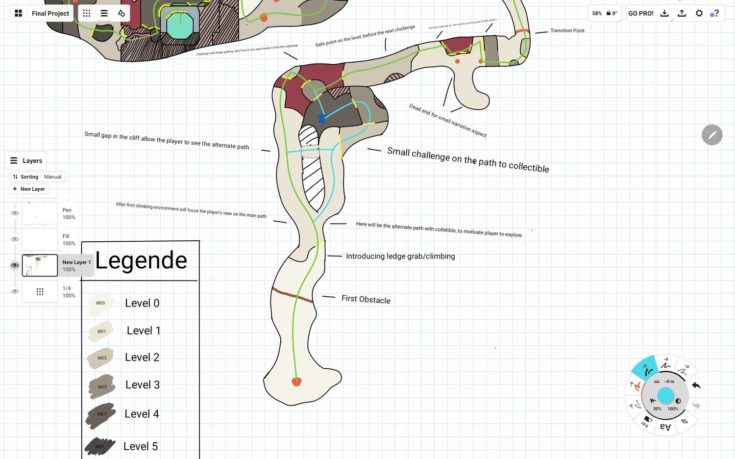 Miro 2D layout map of the Jungle Area, with traversal paths, obstacles, and a collectible side-path annotated