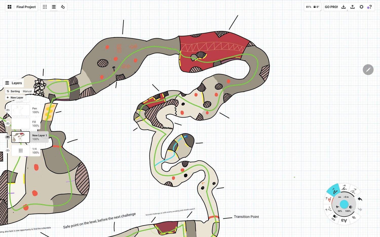 Miro 2D layout map of the Cave Area, with narrow corridors and combat encounter zones annotated