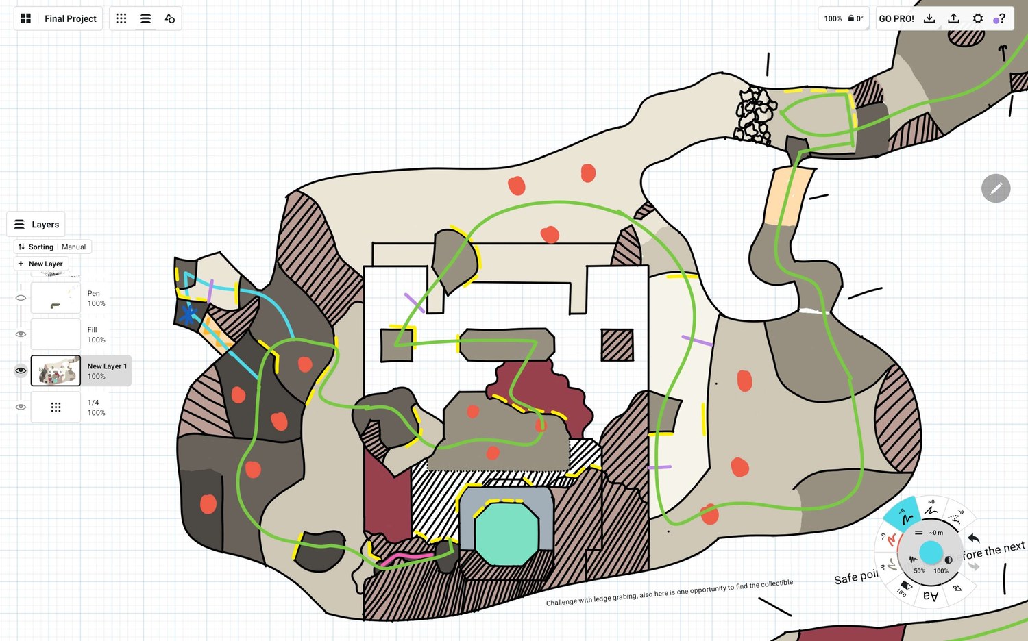 Miro 2D layout map of the Temple Area, with the main hall structure and vertical traversal paths annotated