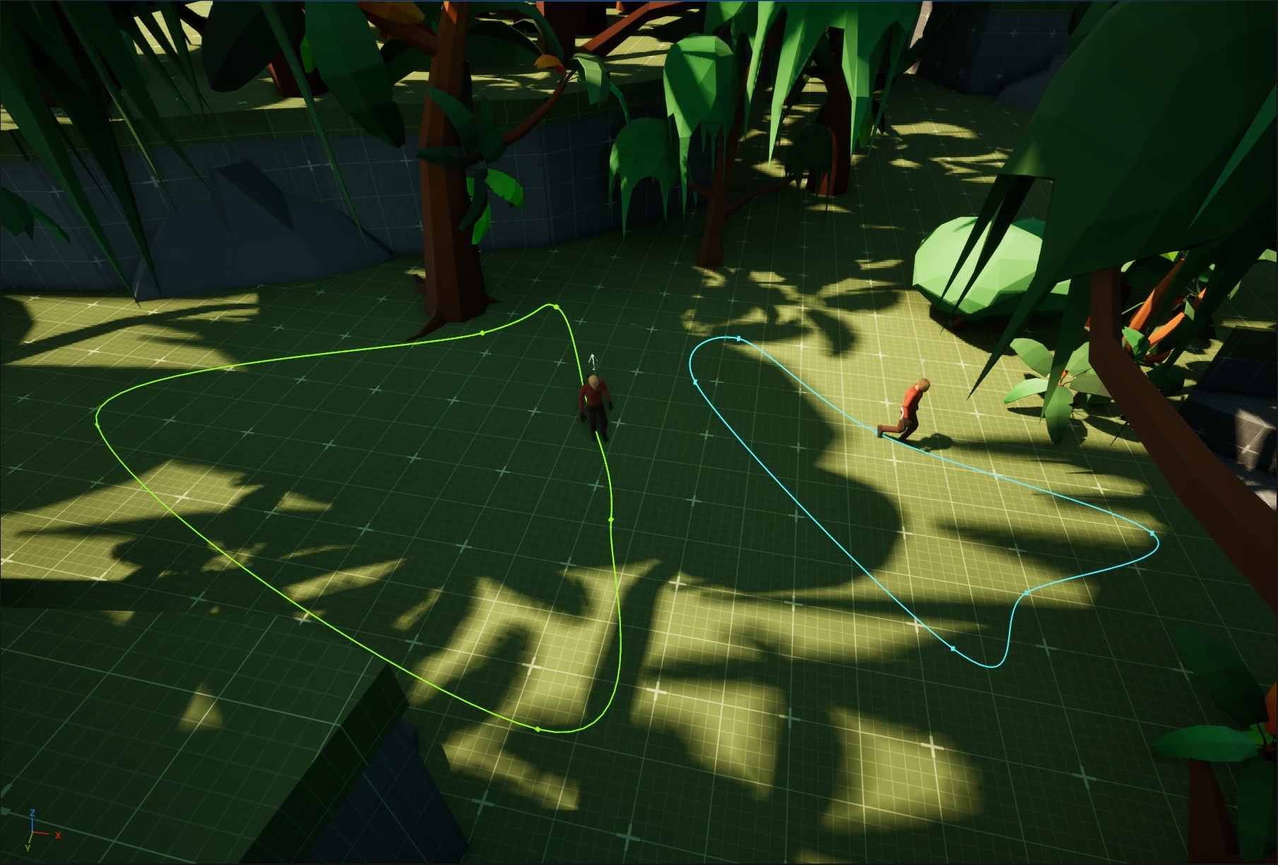 Top-down view of the Jungle Area's weapon-less avoidance encounter, with two enemy patrol loops marked out