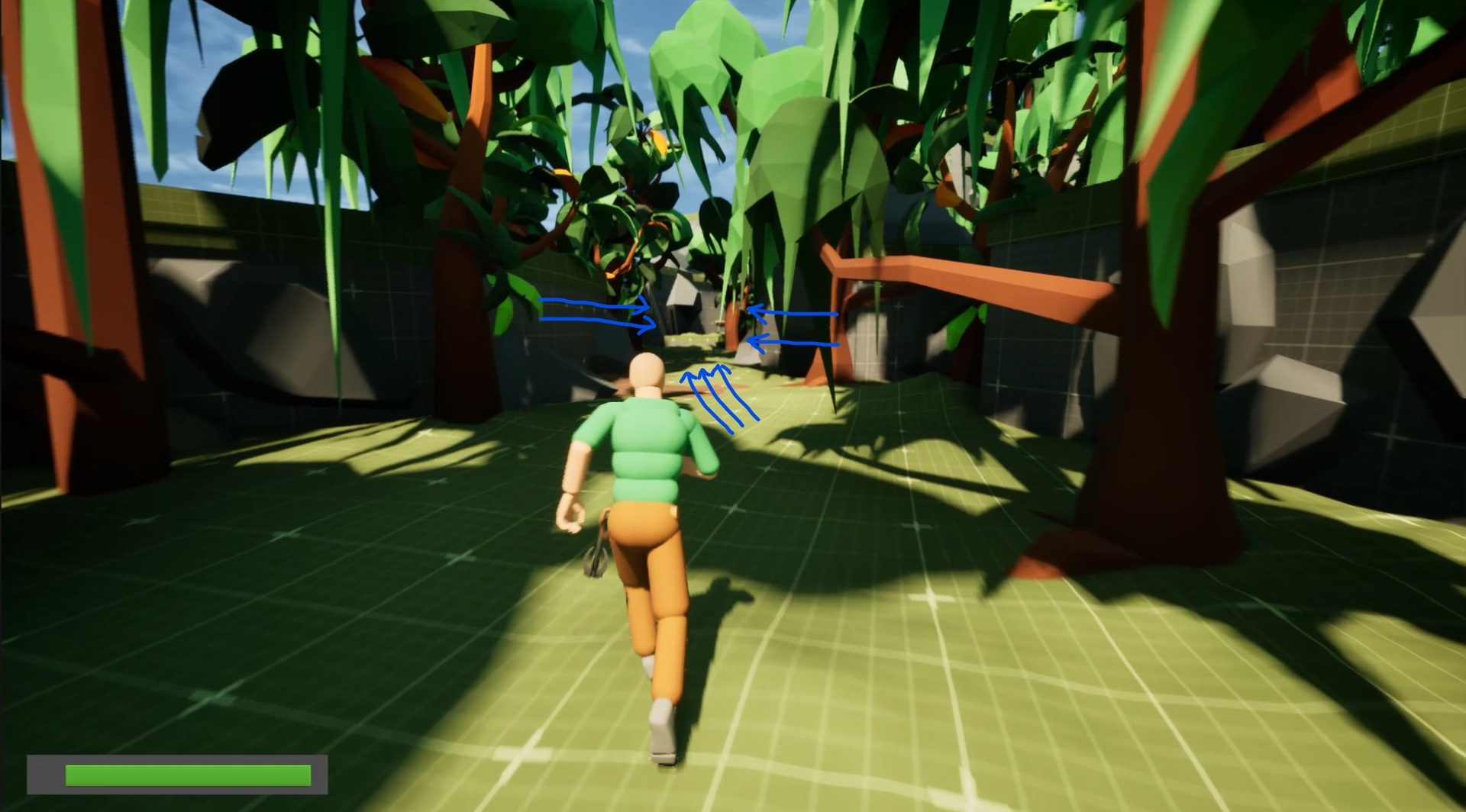 Jungle Area passage with framed rock openings leading the player's eye down the lit path ahead