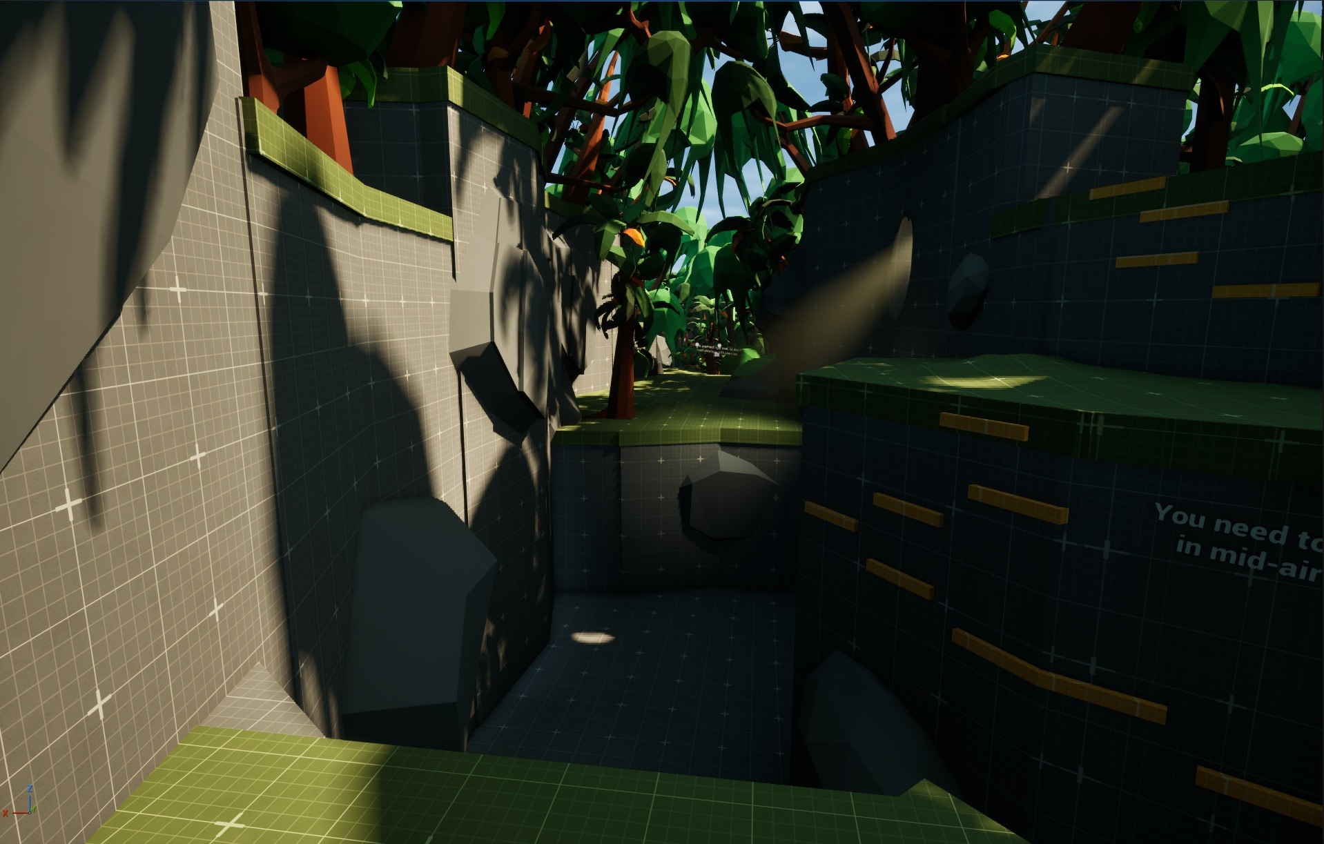 Grey-box blockout of a narrow Jungle Area passage with rock walls, hanging foliage, and an in-air traversal prompt