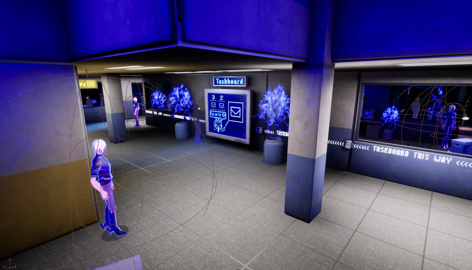 In-engine screenshot of the Taskboard area with neon signage and office set-dressing