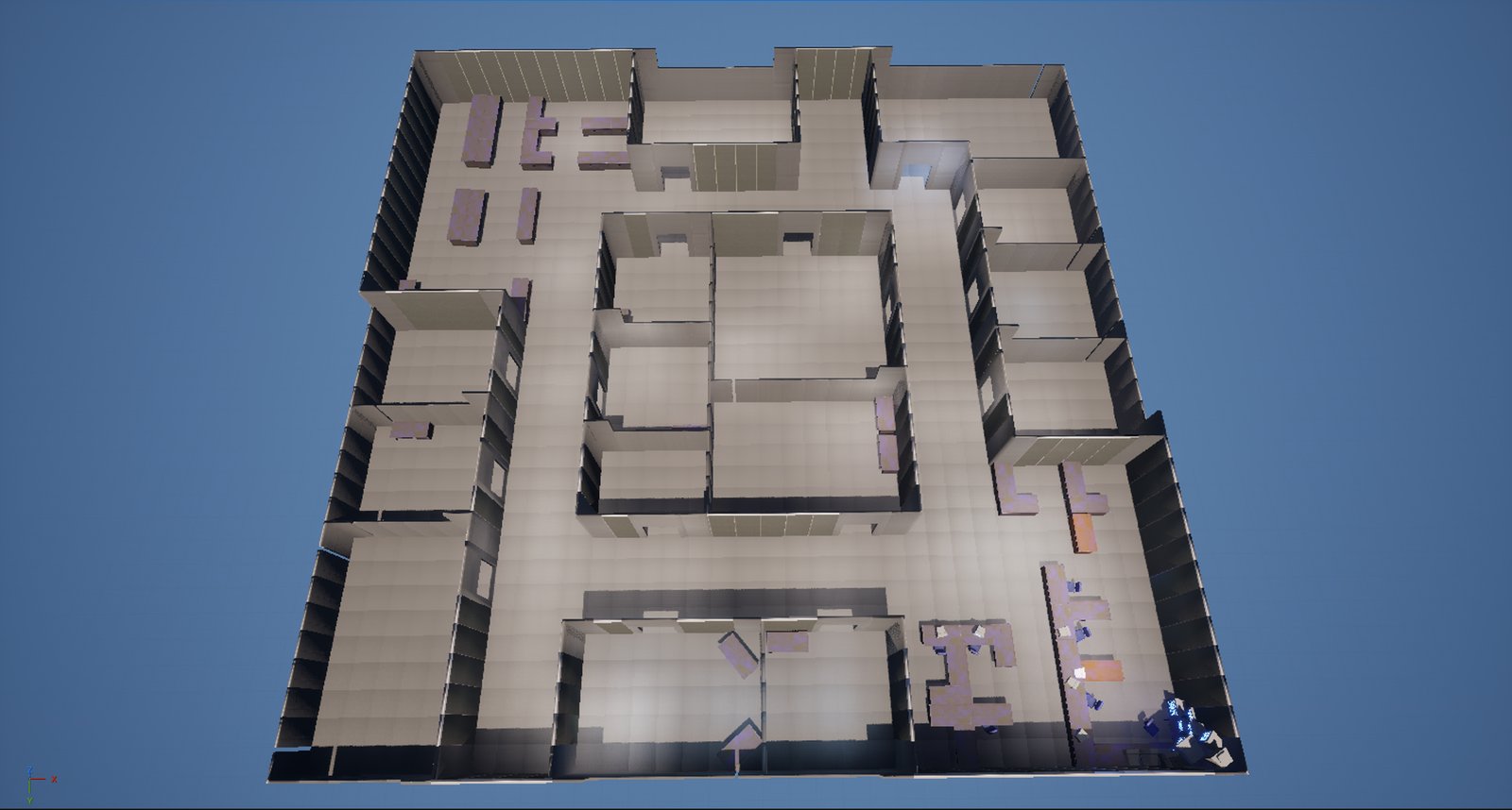 Top-down grey-box layout of the full Office Rush level showing the overall room structure and corridors