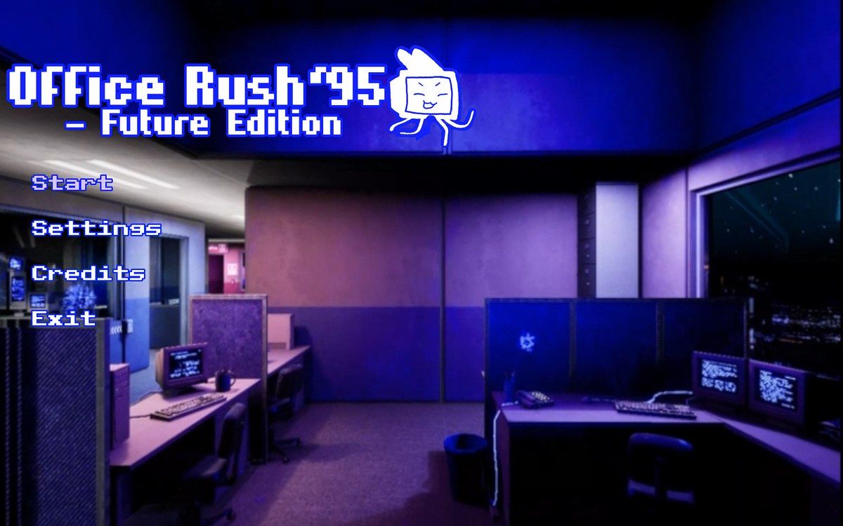 Office Rush '95 – Future Edition main menu in a neon-lit office corridor