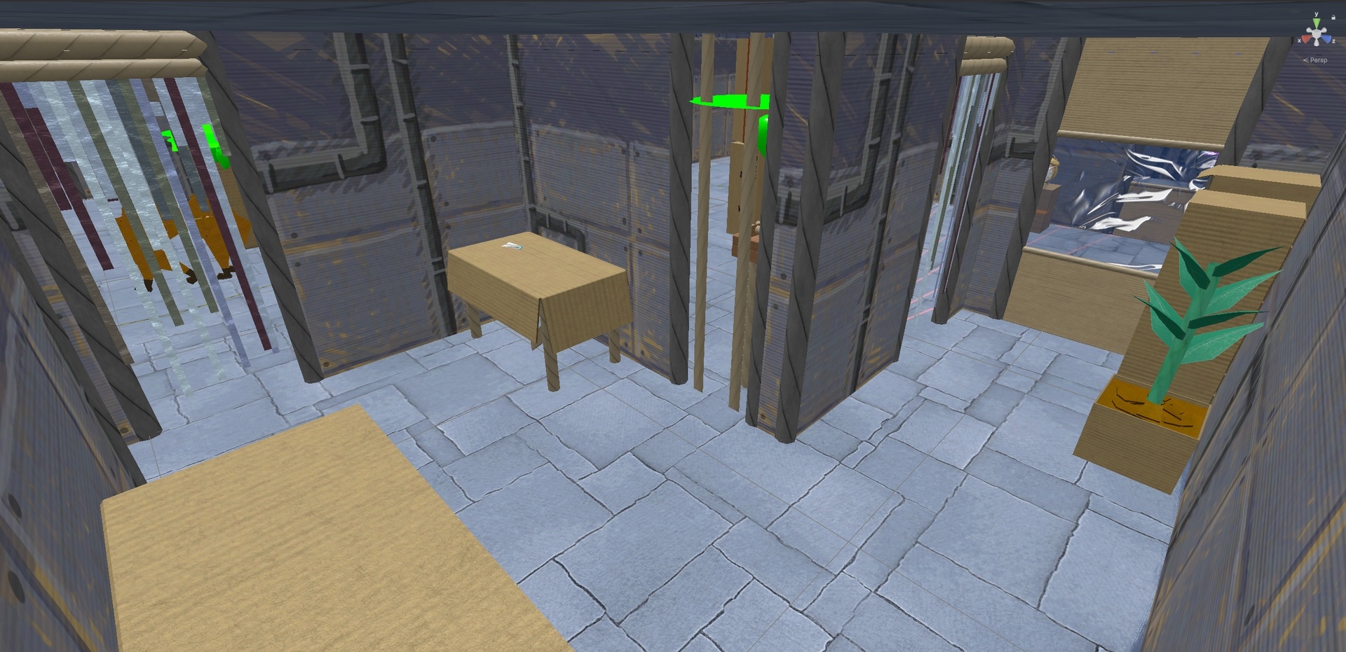 Bullet Curve 3D environment - in-engine room with security bars and a plant display, Paper Play VR