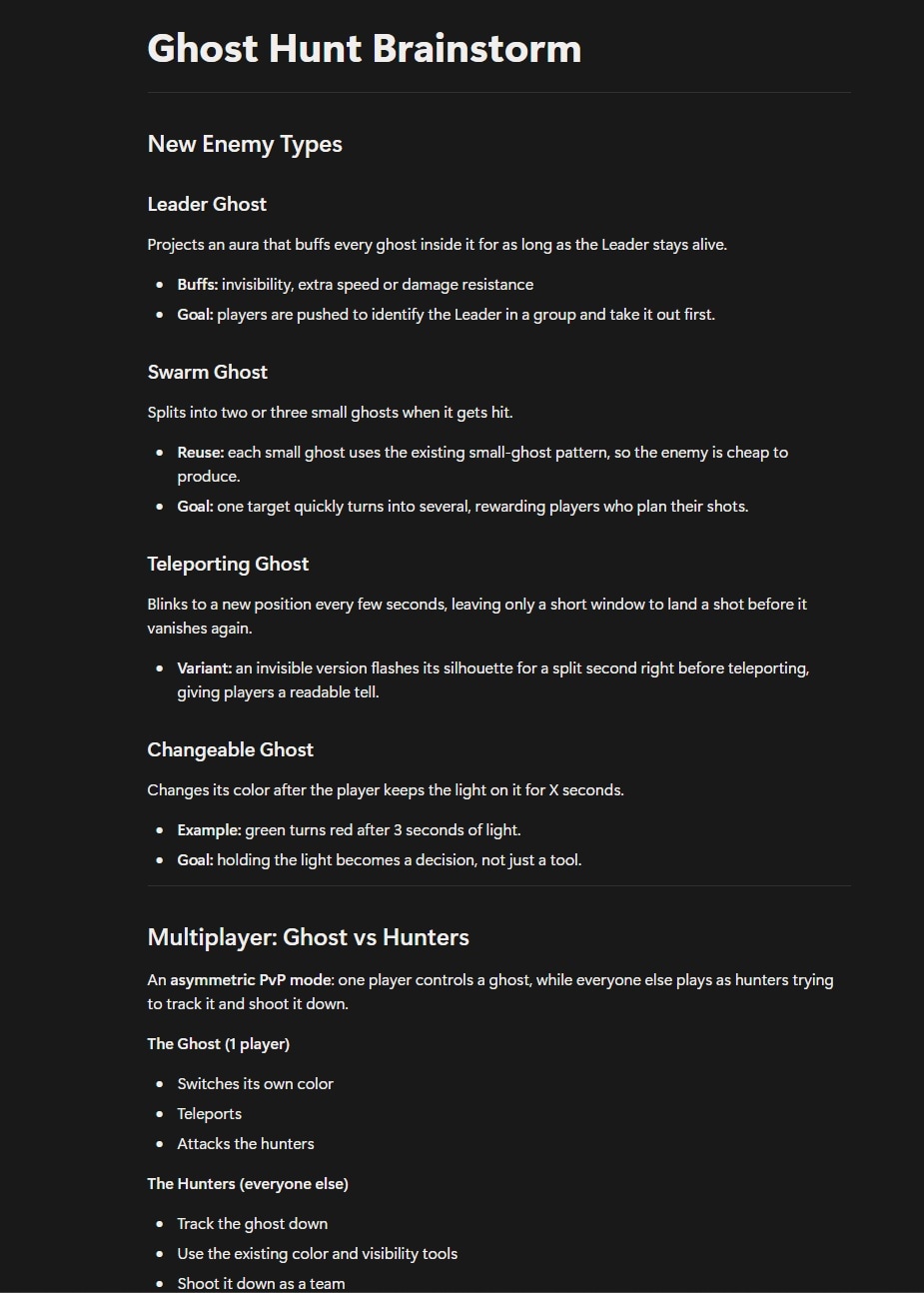 Ghost Hunt Brainstorm document, new enemy types and asymmetric multiplayer mode