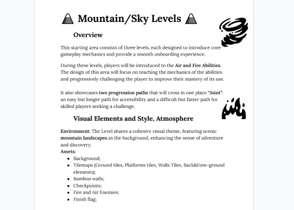 Yokai Parade level design document page: Mountain/Sky Levels area overview describing the three-level onboarding area, Air and Fire Abilities, the two-path 'Joint' structure, and visual style