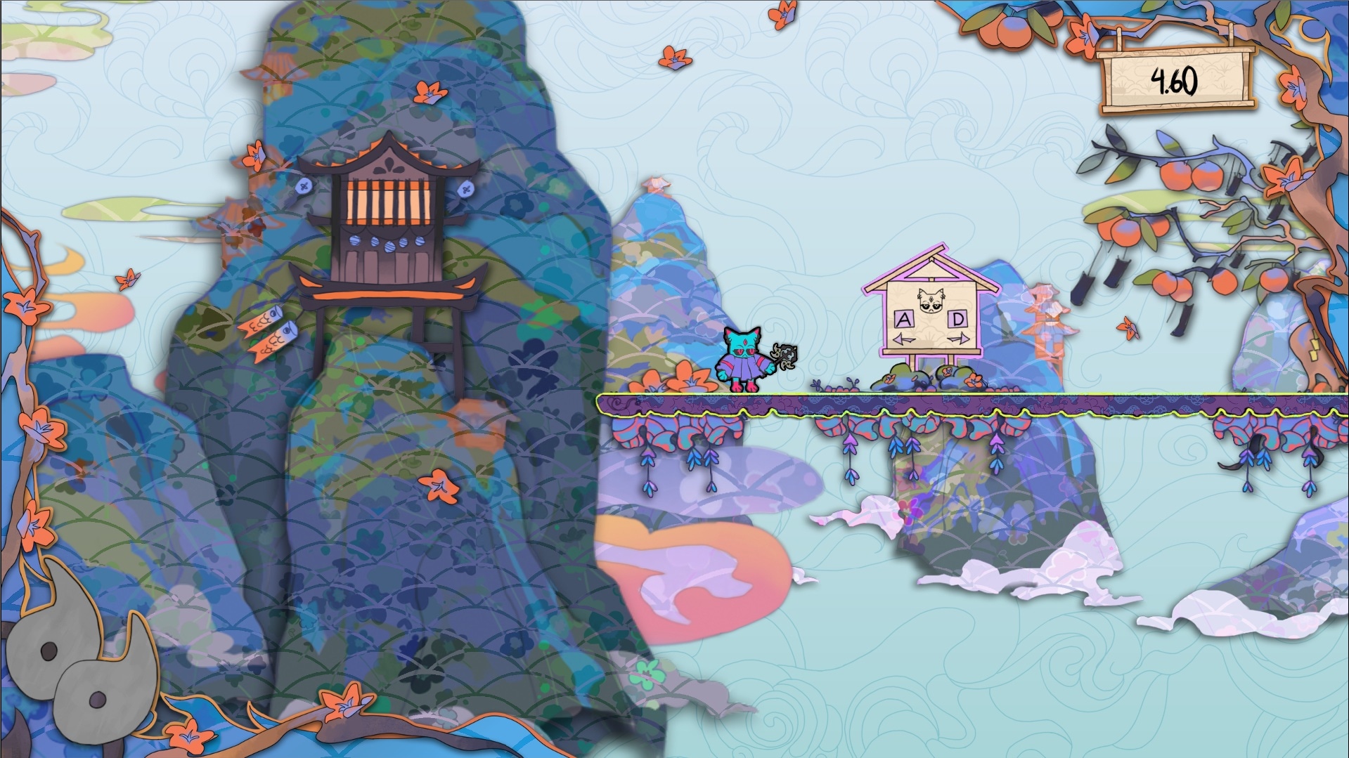 Yokai Parade player character standing on a mountain platform beside a torii gate and a directional sign post