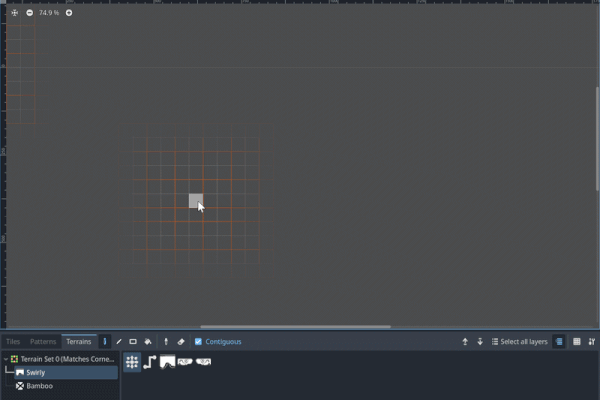 Screen recording of painting a level layout with Godot's terrain tilemap tool, using the Swirly terrain brush on a grid